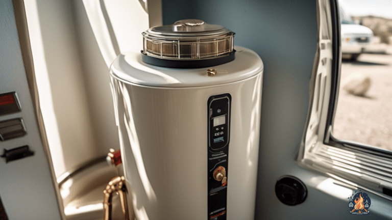 Close-up shot of an RV water heater illuminated by radiant natural light, showcasing its intricate components and highlighting common issues and troubleshooting tips.