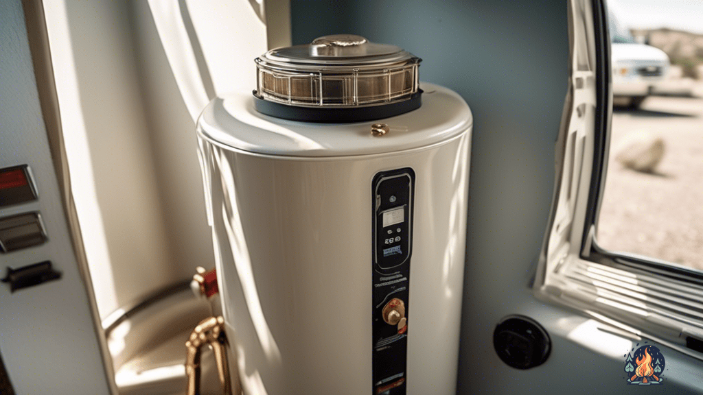 Close-up shot of an RV water heater illuminated by radiant natural light, showcasing its intricate components and highlighting common issues and troubleshooting tips.