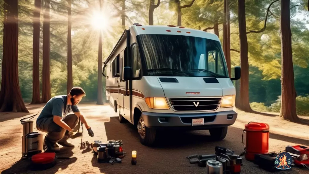 Mechanic troubleshooting RV water pump in open engine compartment under bright natural light, with sunlight highlighting nearby tools and parts.