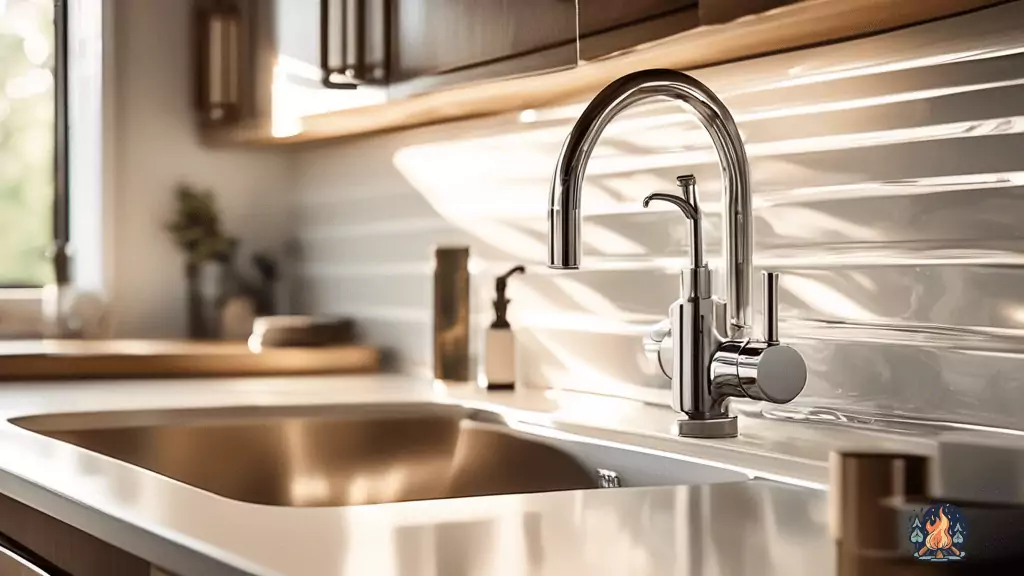 RV water system maintenance tips and tricks: Crystal-clear water flowing from faucets in a sunlit setting, showcasing gleaming pipes and filters.