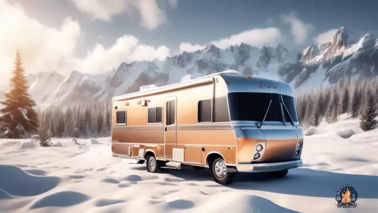 Cozy RV parked in a snow-covered landscape, winterized with insulating covers, sealed windows, and a chimney emitting gentle smoke.