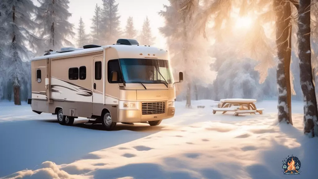 Cozy RV nestled in a snowy winter wonderland, showcasing effective winterization with bright natural light filtering through frost-covered trees.