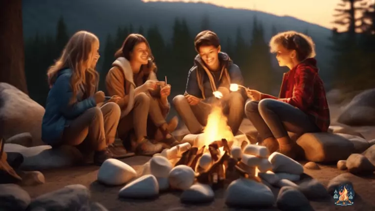 Practicing Safe Campfire Techniques: A group of campers enjoying a serene dusk at a well-protected campsite, toasting marshmallows over a crackling campfire within a stone ring.