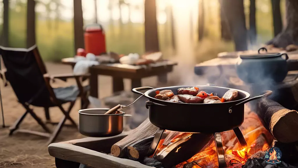Campfire cooking setup with simmering stew on a grill, surrounded by safety essentials like fire extinguisher, oven mitts, and a first aid kit in a serene outdoor setting.