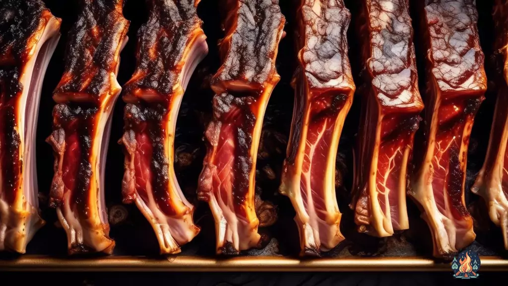 Delicious rack of smoked ribs glistening under golden sunlight, showcasing the sumptuous smoky charred crust and flavorful marbling.