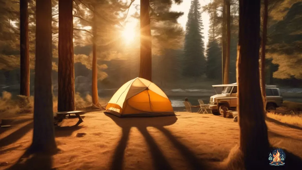 Alt text: Experience the tranquility of solo camping amidst towering pine trees, as the warm golden glow of a setting sun bathes a cozy campsite in a serene moment of nature.