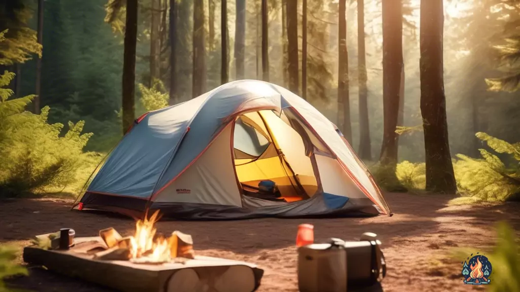 Spacious campsite with bright natural light, showcasing a durable tent, cozy sleeping bag, camping chairs, and a portable stove - the ultimate tent buying checklist for making the right choice.