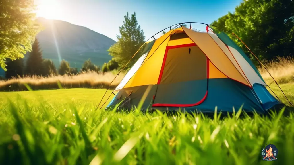 Well-loved camping tent set up in a sunny backyard with vibrant green grass and blue skies overhead, showcasing fabric, stakes, and guy lines in crisp detail