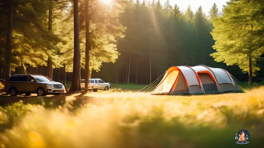 Spacious tent set up next to a car in a sunlit campground, with cozy sleeping bags and camping gear inside, creating a warm and inviting atmosphere for car camping adventure