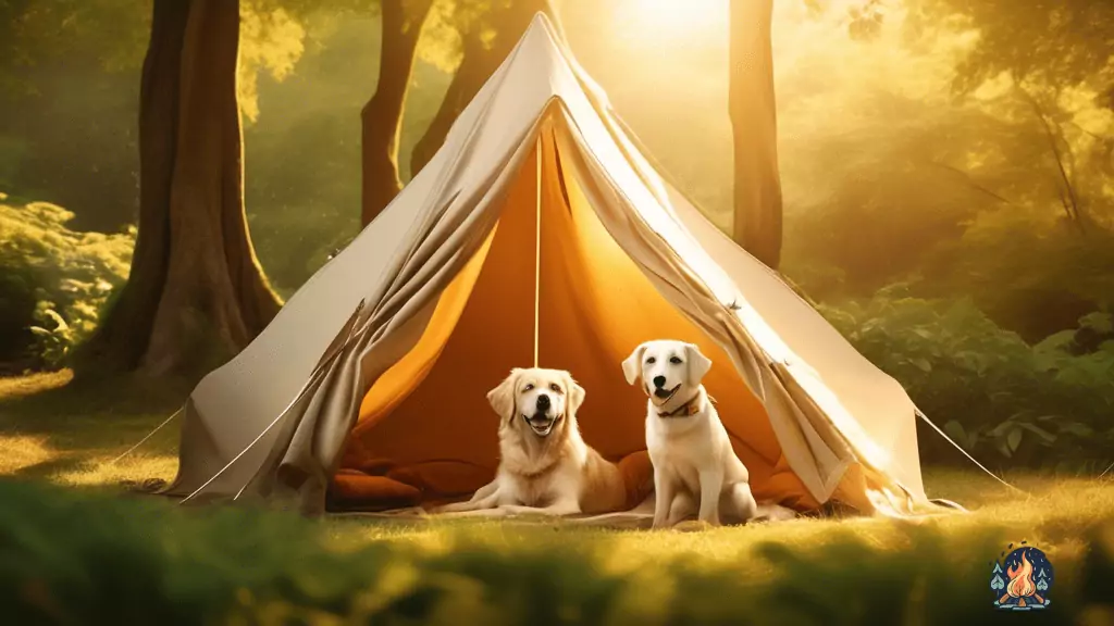 Spacious tent for dog owners nestled in a lush green forest, with two joyful canines basking in the warm, golden rays of the sun.