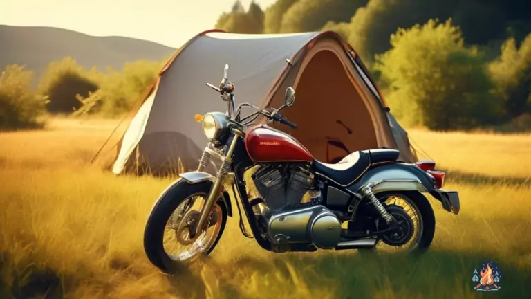 Discover the thrill of motorcycle camping with the perfect tent, as depicted in this sun-drenched scene. A vibrant meadow serves as the backdrop for a parked motorcycle and a pitched tent, capturing the allure of outdoor adventure.