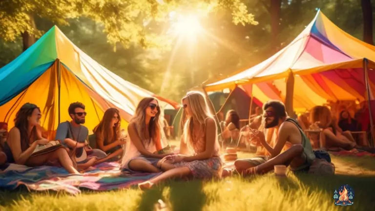 Friends enjoying the ultimate festival experience, lounging under a vibrant and colorful tent, bathed in the golden sunlight filtering through the trees, creating a perfect ambiance for music festival camping.