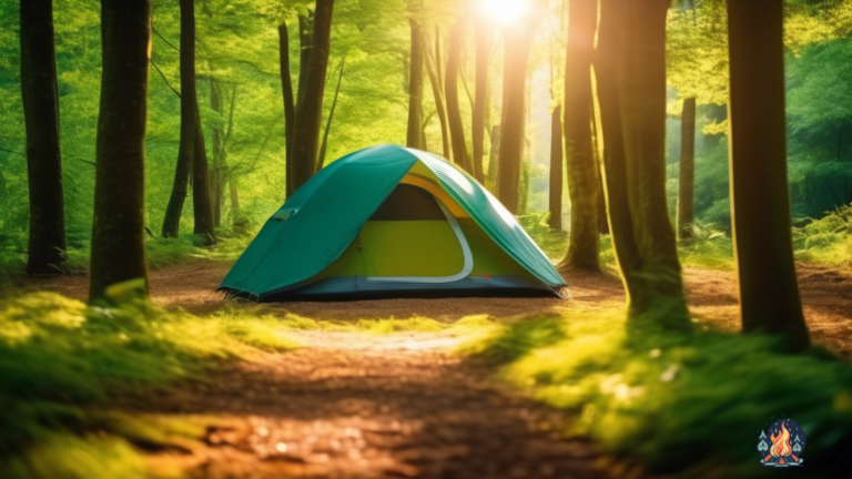 Solo camper's tent in lush green forest with bright sunlight filtering through trees, creating long shadows on the ground