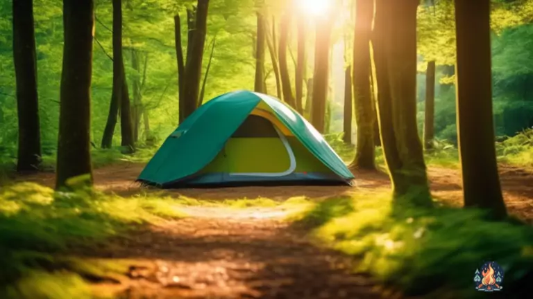 Solo camper's tent in lush green forest with bright sunlight filtering through trees, creating long shadows on the ground