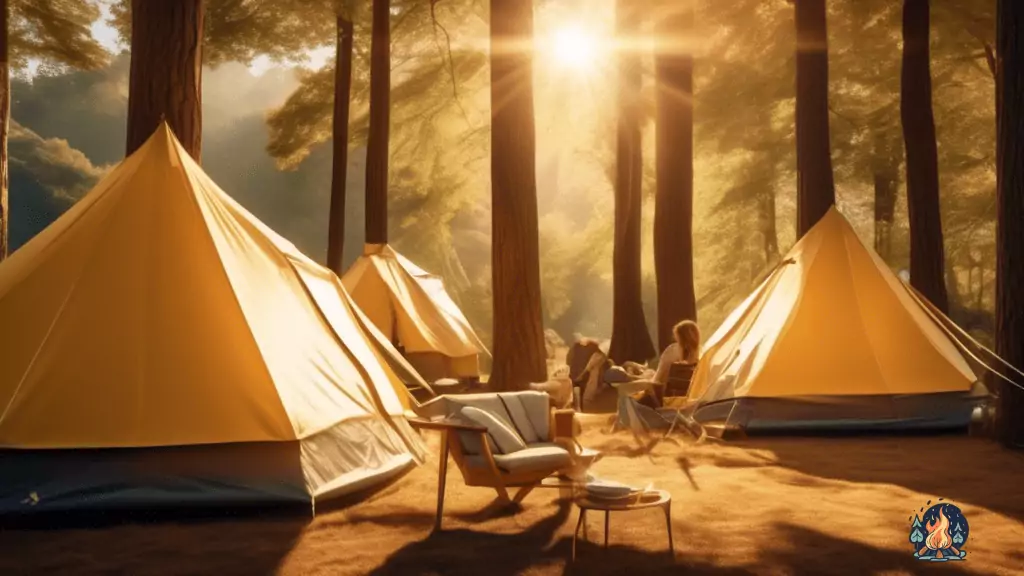 Spacious tent for tall people with extra headroom, surrounded by towering trees, and bathed in golden sunlight – the perfect camping comfort for tall individuals.