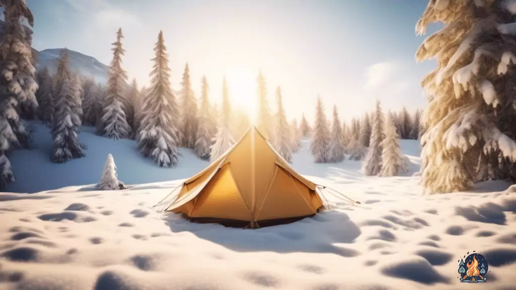 Alt Text: A picturesque winter wonderland scene with a cozy camping tent surrounded by glistening snow, illuminated by soft golden sunlight.
