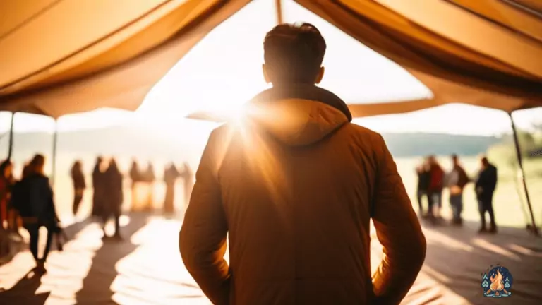 Alt text: Person standing inside a large tent with sunlight streaming through open flaps, showcasing ample space and comfort.