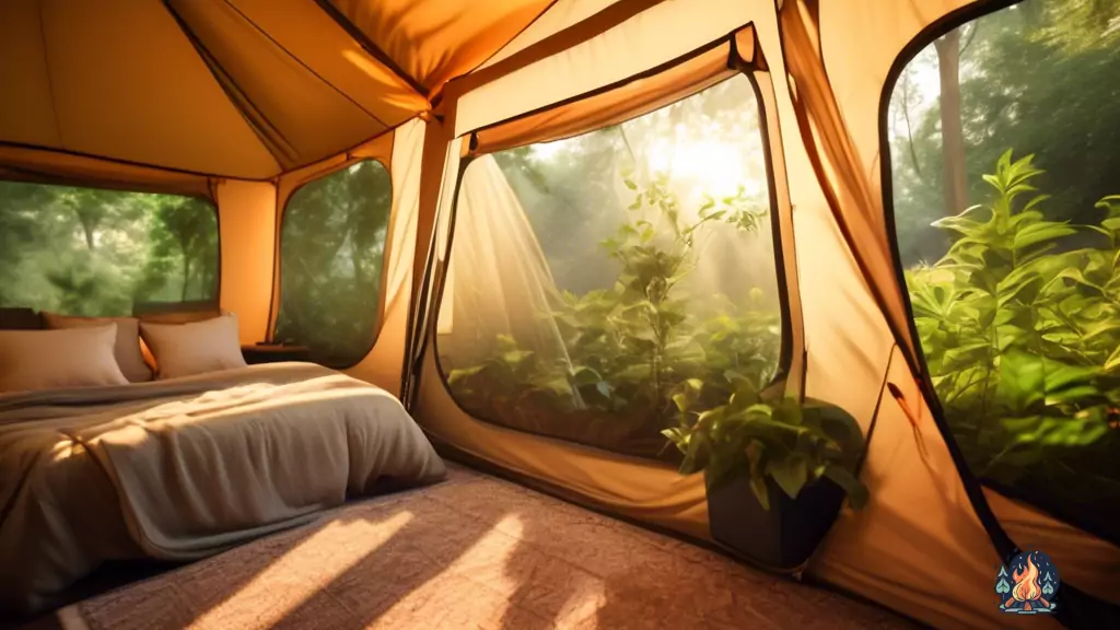 Stay comfortable in any weather with a well-ventilated tent surrounded by lush greenery, illuminated by natural light streaming through mesh windows.