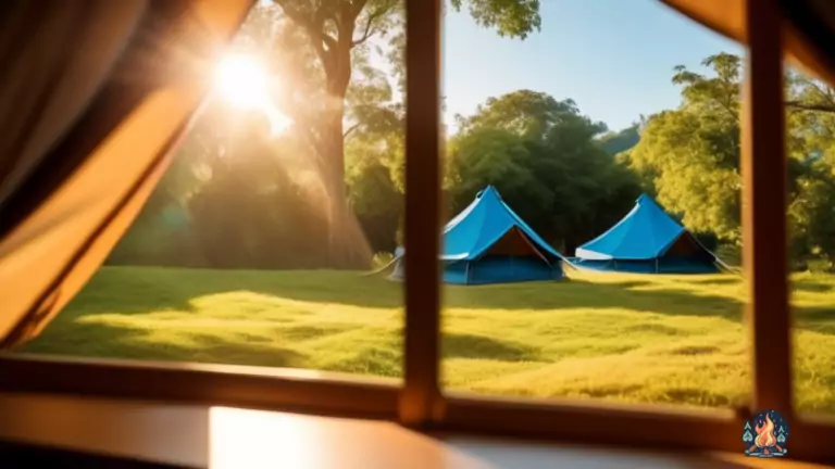 Alt text: A close-up photo of a tent window open to reveal a view of trees and blue sky outside, with sunlight streaming through, casting a warm glow on the interior.