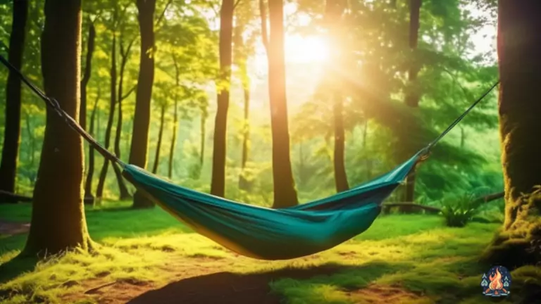 Scenic view of a tent and hammock set up side by side in a lush green forest clearing, illuminated by bright natural sunlight
