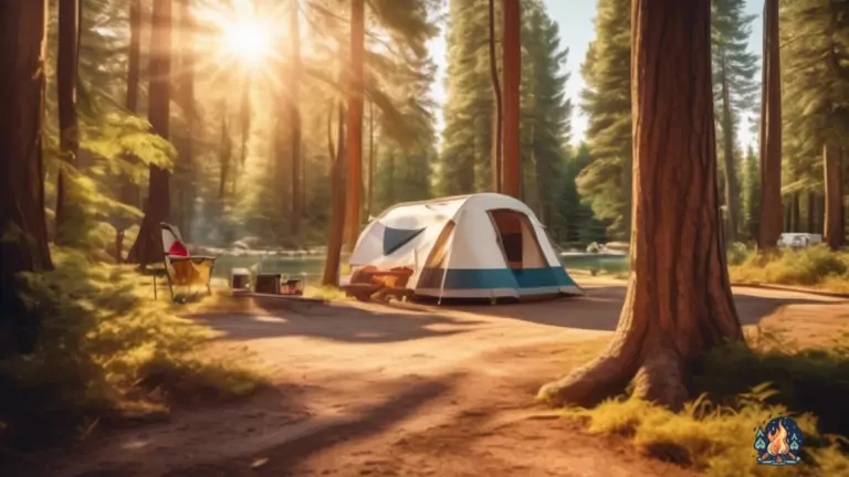 Experience the Great Outdoors: Tent vs RV Living - A sunlit campsite with a cozy tent surrounded by tall trees, alongside a vibrant RV, both enjoying the warmth of natural light.