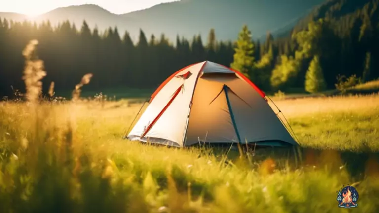 Alt text: A lightweight camping tent set up in a sunny meadow, with the golden sunlight streaming through the open flaps, showcasing the balance between tent weight and the surrounding landscape.
