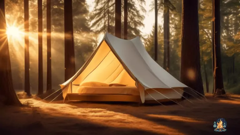 Experience tranquil sleep with a spacious tent featuring blackout technology, ensuring a peaceful night's rest amidst soft golden sunlight filtering through tall trees.