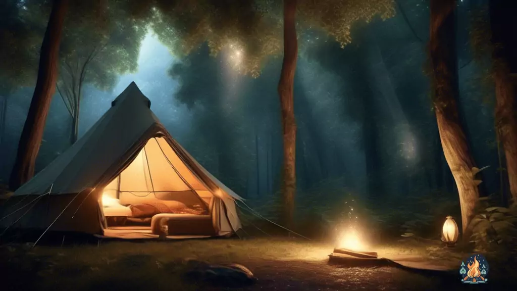 Experience the magic of camping under soft, warm sunlight in a spacious tent with built-in lights, nestled in a lush forest.
