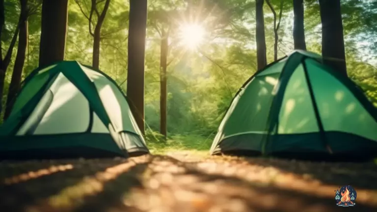 Spacious tent with screen room in a lush green forest, illuminated by soft sunlight filtering through the trees