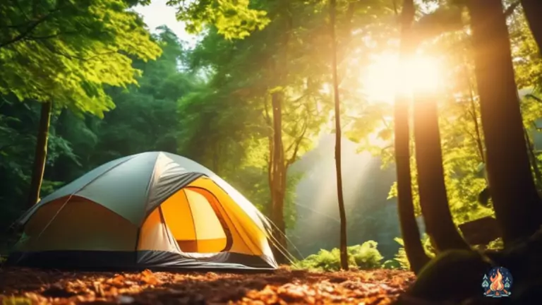 Alt text: A close-up shot of a tent in a lush forest setting, with the sun shining directly overhead and casting a bright natural light on the solar panels attached to the tent's exterior, showcasing a tent with solar panels harnessing the power of the sun.