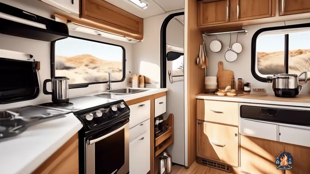 Optimizing space in a small RV kitchen: A vibrant photo showcasing a neatly organized countertop flooded with bright natural light. Portable stove, compact appliances, and clever storage solutions make cooking a breeze. - Tips for Cooking in Small RV Kitchens