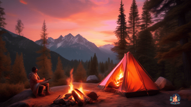 Alt text: Unforgettable camping travel experience: A cozy campfire surrounded by rugged mountains, illuminated by a warm glow at dusk. The fading sun paints the sky in hues of orange and pink, casting a breathtaking scene. A tent nestled amongst towering trees adds to the charm and serenity of this picturesque setting.