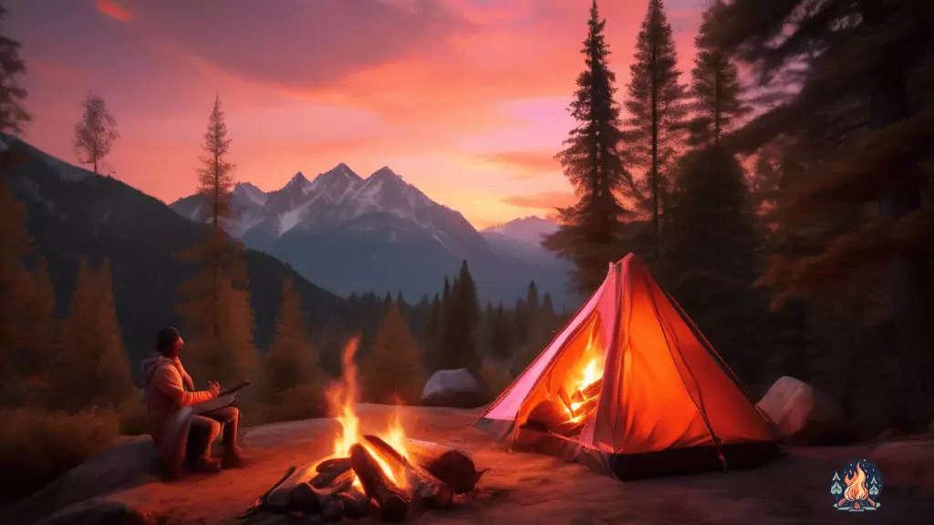 Alt text: Unforgettable camping travel experience: A cozy campfire surrounded by rugged mountains, illuminated by a warm glow at dusk. The fading sun paints the sky in hues of orange and pink, casting a breathtaking scene. A tent nestled amongst towering trees adds to the charm and serenity of this picturesque setting.