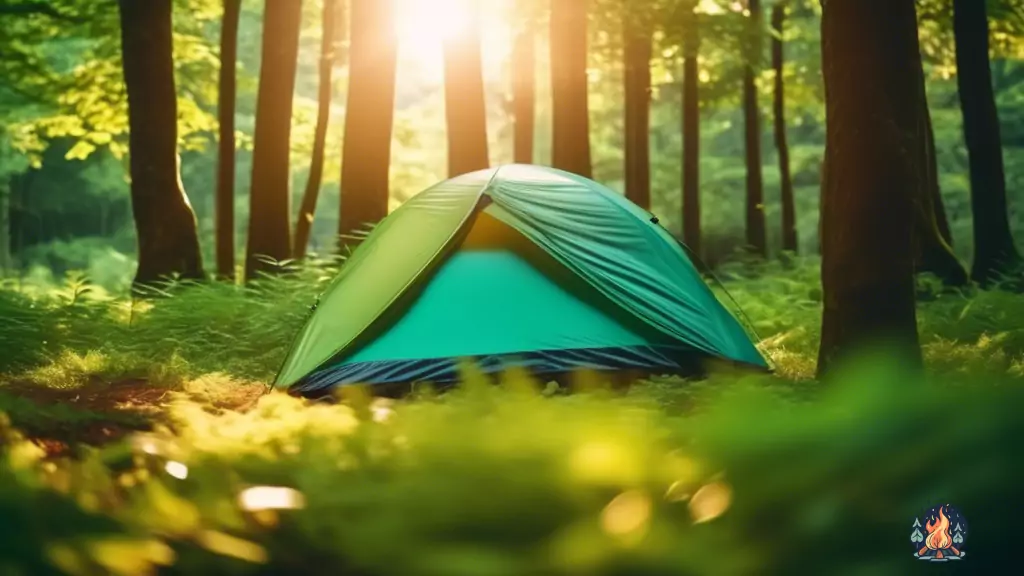 Ultralight backpacking tent in lush green forest with morning sunlight filtering through trees