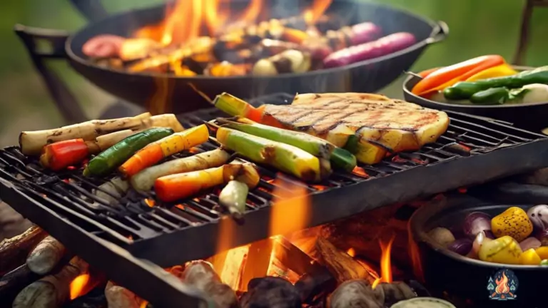 Delicious Vegetarian Campfire Recipes: Colorful vegetables sizzling on a grill under golden sunlight in a rustic outdoor cooking scene.