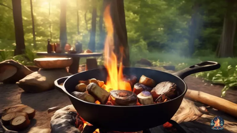 Scrumptious vegetarian campfire recipes cooking in a cast iron skillet amidst lush greenery and warm natural light