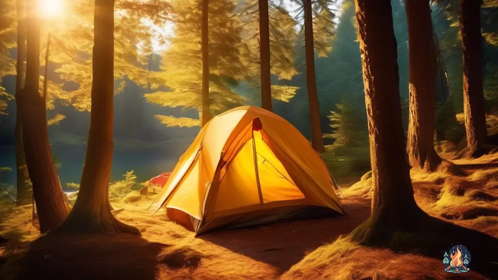 Experience the thrill of wild camping in a sunlit forest clearing, as a cozy tent nestles amidst tall trees, casting long shadows. The vibrant hues and interplay of light evoke the exhilaration of an untamed outdoor adventure.