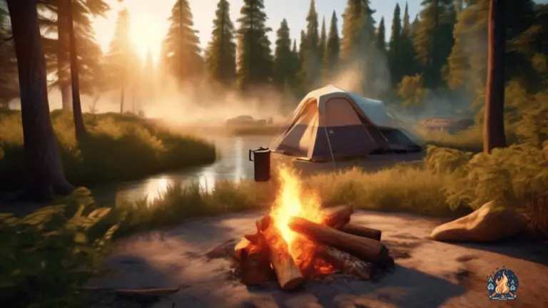 Campfire safety: Responsible camper extinguishing fire in a serene sunlit camping scene with cleared vegetation and nearby water sources.