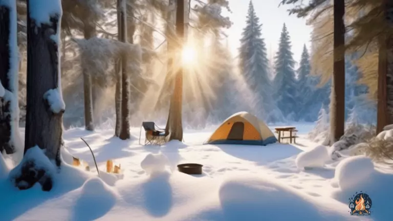 Embrace the Beauty of Winter Camping: A serene winter landscape with sunlight filtering through frost-laden trees, casting long shadows on a cozy campsite nestled amidst glistening snow.